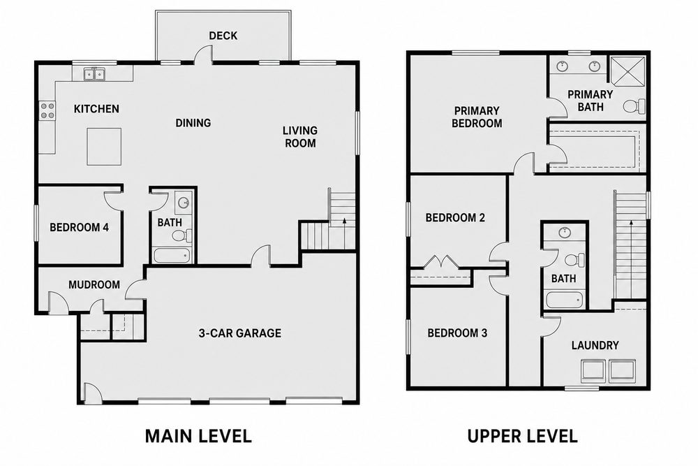 Floor plan showing the main level and upper level (AI-generated sample)